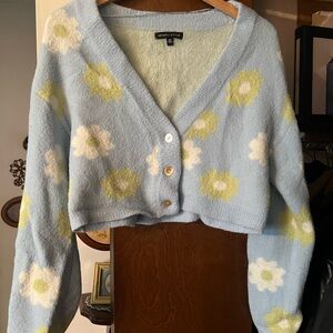 Kendall & Kylie Light Blue Floral Cropped V-Neck Cardigan
